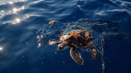 Wall Mural - sea turtle trapped in a tangle of fishing nets, floating helplessly in the ocean. the turtle's eyes 