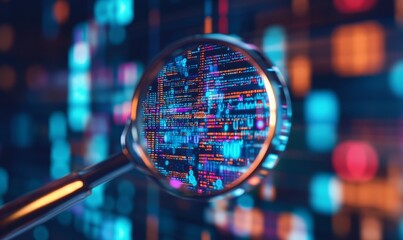 A close-up shot of a magnifying glass scanning over icons that represent coding and programming languages, featuring binary code in the background
