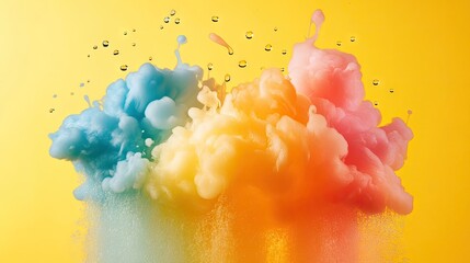 Wall Mural - vibrant colored melting clouds with drops create a stunning visual against a yellow background, offe