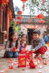 Group of children playing with Chinese New Year lanterns in a decorated courtyard, with red envelopes, banners, and joyful expressions