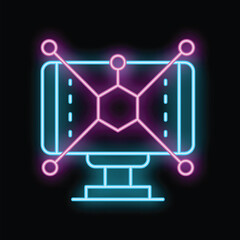Wall Mural - neon icon of a computer network using blockchain technology, glowing on a black background