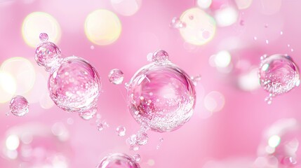 Wall Mural - pink transparent soap bubbles floating with bokeh light background generative ai