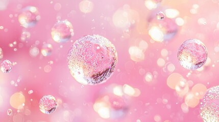 Wall Mural - pink transparent soap bubbles floating with bokeh light background generative ai