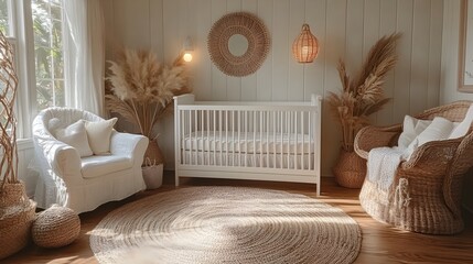 Cozy and Calming Minimalist Baby Nursery with Simple White Crib Natural Wood Accents and Gentle Lighting for a Serene and Relaxing Environment