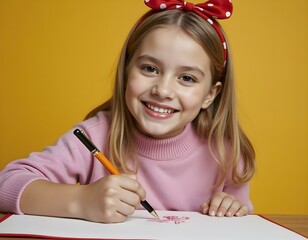 Learning, drawing and portrait of girl in classroom exam, education or studying with book. Preschool smile, development and happy kid or student coloring for creative art in notebook in kindergarten.