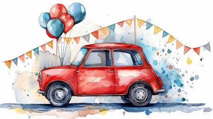 Watercolor artwork depicting a red car adorned with balloons and bunting, representing a transportation theme