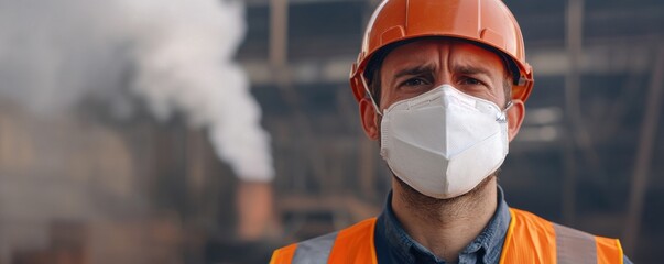 A construction worker in an orange helmet and safety vest, wearing a mask, stands confidently in an industrial area with smoke in the background.