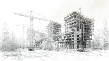 A sketch of a modern building under construction with two cranes.