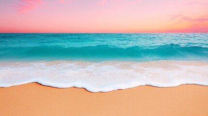 Wall Mural - Serene Sunset Beachscape: A breathtaking panoramic view of a tranquil beach at sunset, showcasing the warm hues of the sky reflected in the turquoise waters.  The gentle waves lap at the sandy shore.