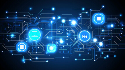 Abstract blue digital network with glowing nodes and lines..