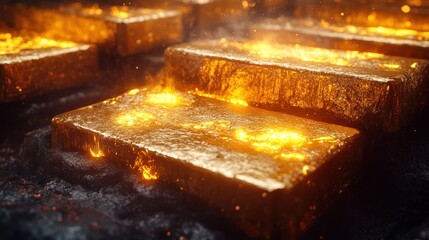 Molten gold being poured into molds during the refining process, glowing brightly in a dark industrial setting