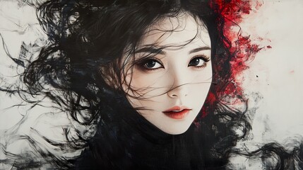 Poster - Intense Gaze: Woman with Black Hair and Red Background