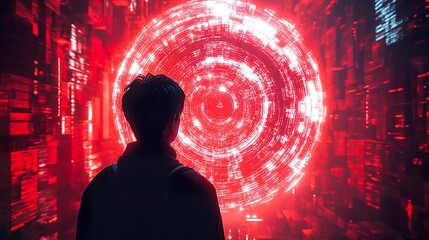 Wall Mural - silhouette of a person in a glowing red digital world