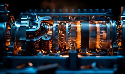 Poster - A close-up of the inner workings of a car engine, with gears and other mechanical parts visible. The engine is illuminated by a warm glow, which makes the metal components appear shiny and polished.
