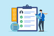 © VZ_Art - Flat illustration of human resource manager checking candidate questionnaire new hire onboarding checklist vacancy job business interview and HR recruitment
