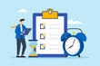 © VZ_Art - Flat illustration of businessman check deadline checklist with alarm clock and hourglass to do list time management effective business planning