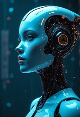 Fototapete - Futuristic AI cybernetic head artificial intelligence technology with data streams