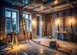 © Wanlop - Renovation of Apartment Interior with Low Light Photography Showcasing Gypsum Plasterboard and Drywall Construction in Progress with Tools and Materials Spread Across the Room