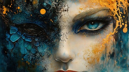 Wall Mural - Close-Up Portrait of a Woman with Blue Eye and Gold Accents