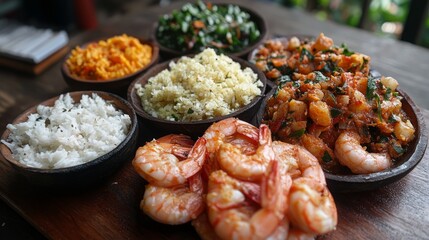 A delicious Indonesian meal with white rice, yellow rice, a spicy shrimp dish, and a green leafy vegetable dish.