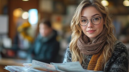 Fototapete - In a community center, a young social worker reviews important documents while engaging with clients, providing support and assistance