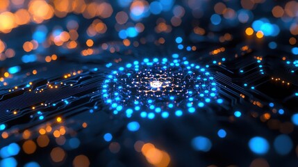 Poster - Abstract Digital Circuitry with Glowing Blue and Orange Lights