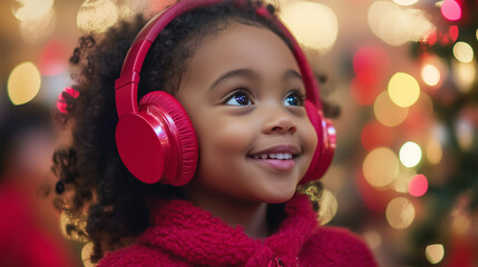 An adorable black preschooler with additional needs looks happy and relaxed wearing ear defenders or headphones at a Christmas party, wide landscape 16:9