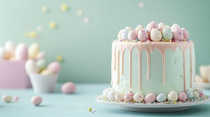 A pastel Easter cake with decorative drip icing, topped with colorful candies, set on a light blue background. Ideal for festive celebrations.