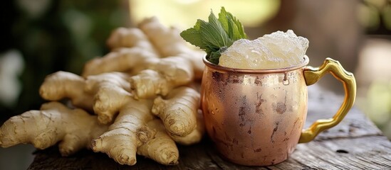 Ginger beer in a copper mug, rustic outdoor bar setting,