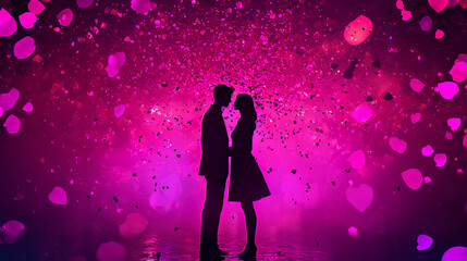 Wall Mural - romantic silhouette of couple against vibrant pink background filled with heart shapes