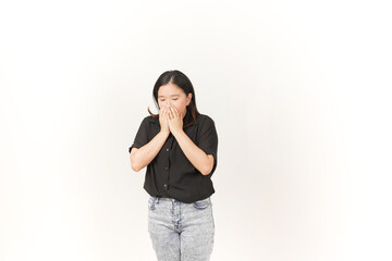 beautiful Asian woman appears to sneeze, displaying allergy symptoms with a hand covering her nose, set against a white background