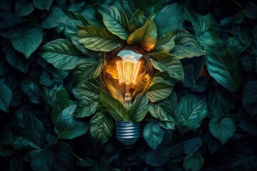 Poster - Illuminated Light Bulb Surrounded by Lush Green Leaves