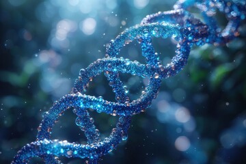 Poster - A Close-Up of a Blue DNA Double Helix with Water Droplets