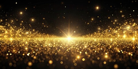 Wall Mural - Futuristic golden particles shining in space on black background, glitter, stars, dust, bokeh, abstract, background