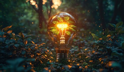 Poster - A Glowing Light Bulb with Green Leaves Inside in a Forest Setting