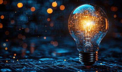 Poster - Illuminated Light Bulb with Circuit Board Design and Glowing Lines
