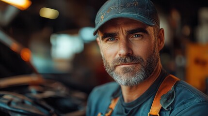 Male mechanic working under the hood of a car with a smile, showcasing dedication and skill in automotive repair and maintenance in a garage setting.