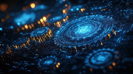 Fototapete - Abstract Blue and Orange Digital Circuit Board