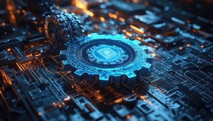 Poster - Glowing Blue Gear on a Circuit Board with Orange Lights