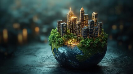 Fototapete - A miniature city nestled within a lush green forest on a spherical Earth model.
