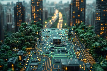 Aufkleber - Circuit Board Landscape with Cityscape and Green Trees in Background