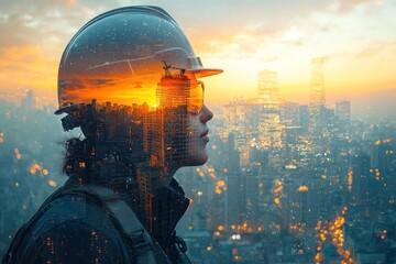 Fototapete - Construction Worker Silhouetted Against Cityscape at Sunset