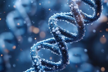 Poster - A Close-Up of a Blue DNA Double Helix Strand with Crystalline Particles