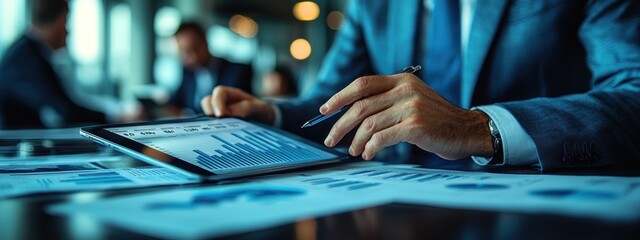 Poster - Businessman Analyzing Financial Data on Tablet and Paper Documents