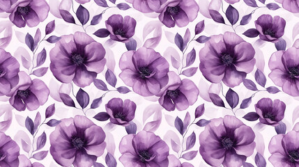 Seamless violet flower watercolor pattern illustrated in a botanical style perfect for printing on invitations and wall art