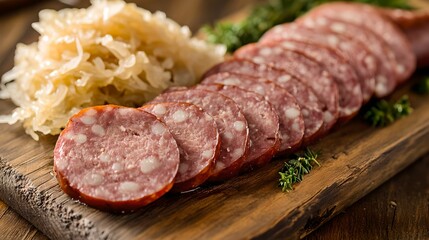 Sliced Bratwurst with Sauerkraut on Cutting Board, food, close-up, cutting board, meat