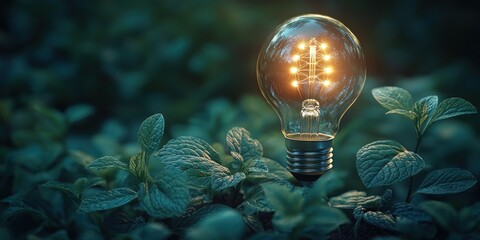 Poster - A glowing lightbulb emerging from green foliage