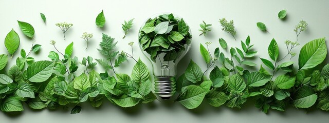 Poster - Green Leaves Surrounding a Light Bulb on a Green Background