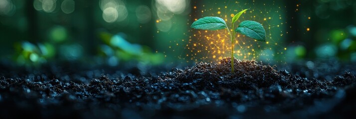 Poster - A Single Sprout Emerging from the Soil with Glowing Particles Surrounding It