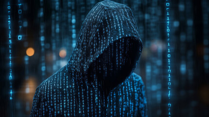 Cyber ​​hacker and glowing binary code background, cyber security